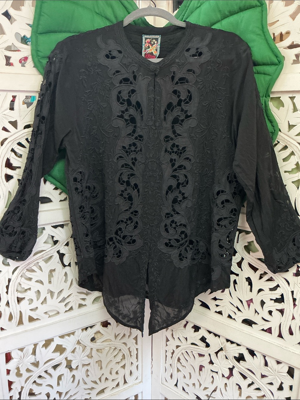 Johnny Was black lace embroidered tie front 3/4 sleeve blouse. Size M